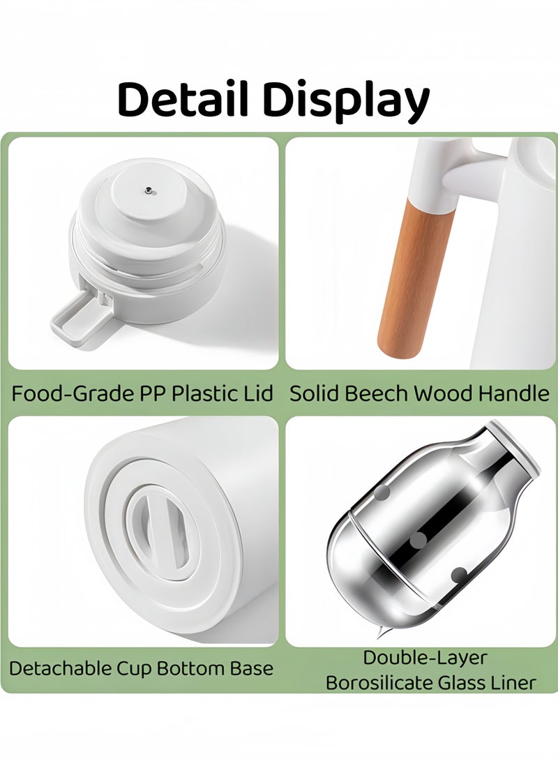 شو وو ترمس، سعة 1000 مل، بست طبقات لحفظ الحرارة، إبريق قهوة بتفريغ الهواء، غلاية ماء بمقبض خشبي، ترمس معزول لحفظ الشاي والقهوة، يحافظ على المشروبات ساخنة وباردة لمدة 6-12 ساعة، زجاجة ماء ساخن مبطنة بعازل زجاجي بتفريغ الهواء، مناسبة للعائلات والمكاتب والمسافرين وكبار السن لتحضير الشاي والقهوة (أبيض، 1000 مل) - Image 3